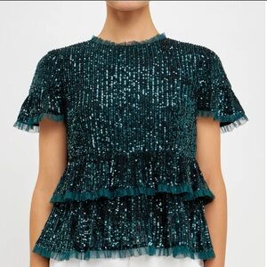 Endless Rose Teal Sequin Layered Blouse/ NEW/size XS